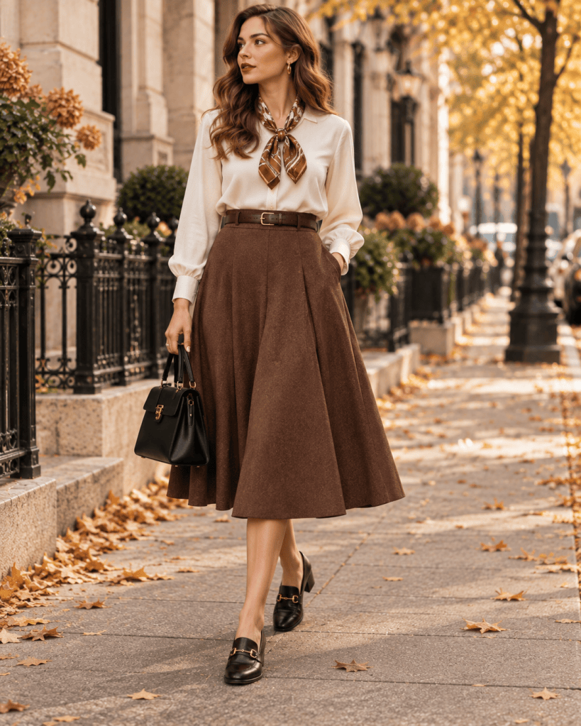 Vintage inspired fall outfit with cream blouse brown midi skirt and silk scarf