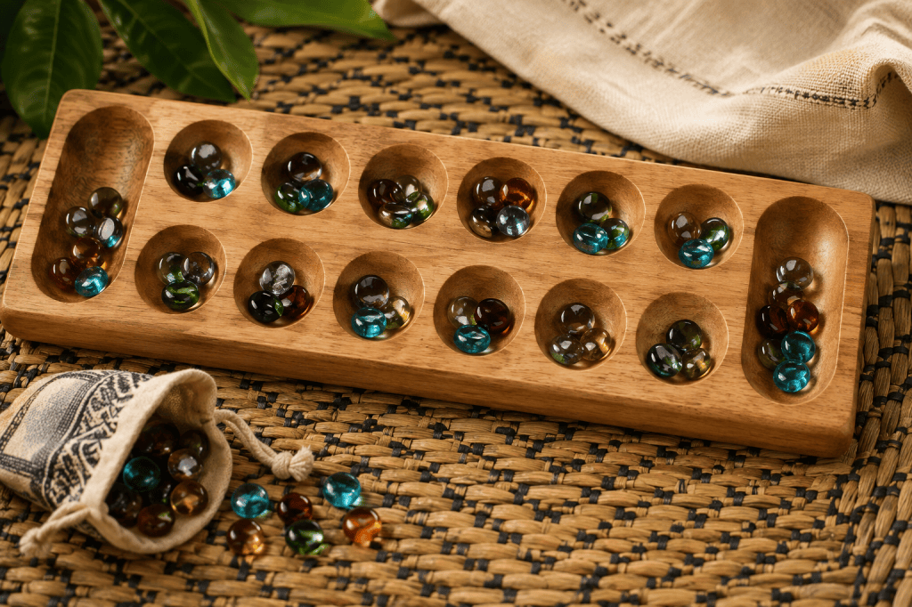 Jeu traditionnel Mancala représentant la tradition haïtienne du Twou Kay