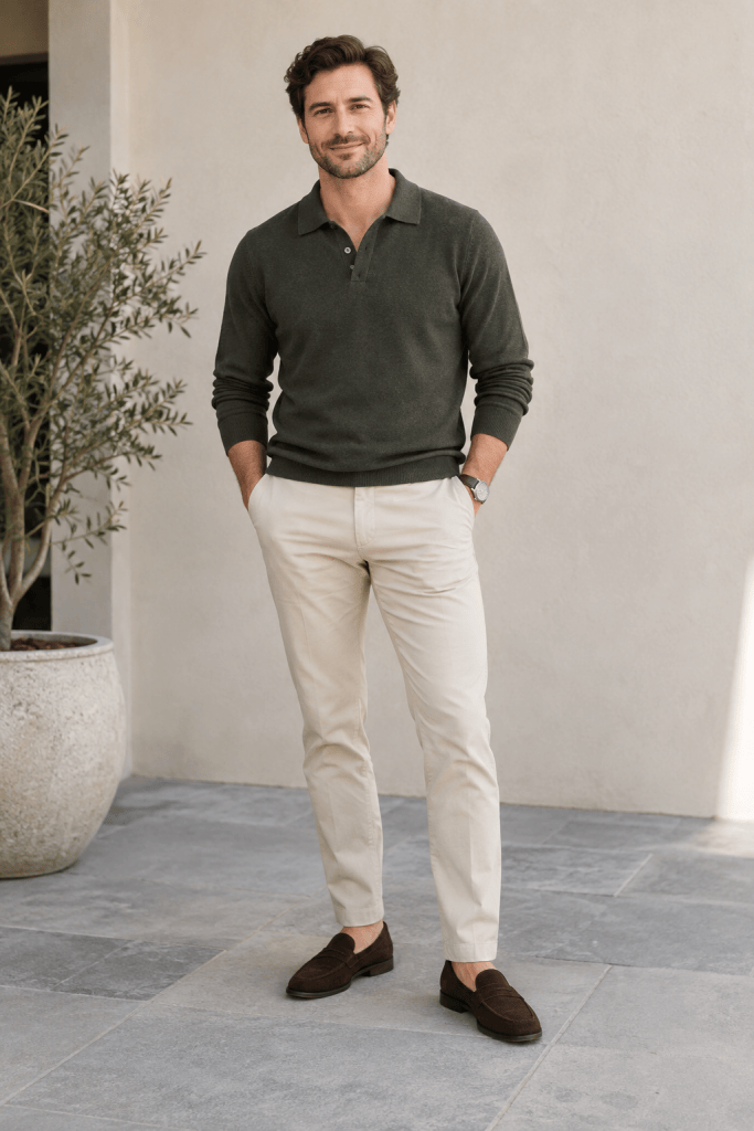 Man wearing neutral pants, a knit polo and loafers for fall