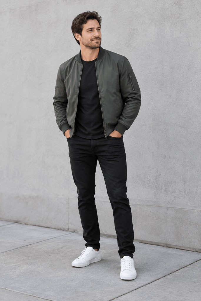 Man wearing black jeans, a dark T-shirt, a bomber jacket and white sneakers for fall