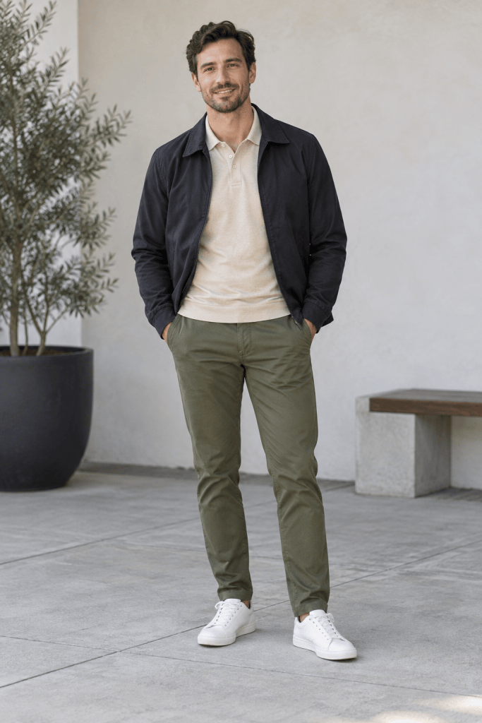 Man wearing olive chinos, a neutral polo, a lightweight jacket and white sneakers for fall