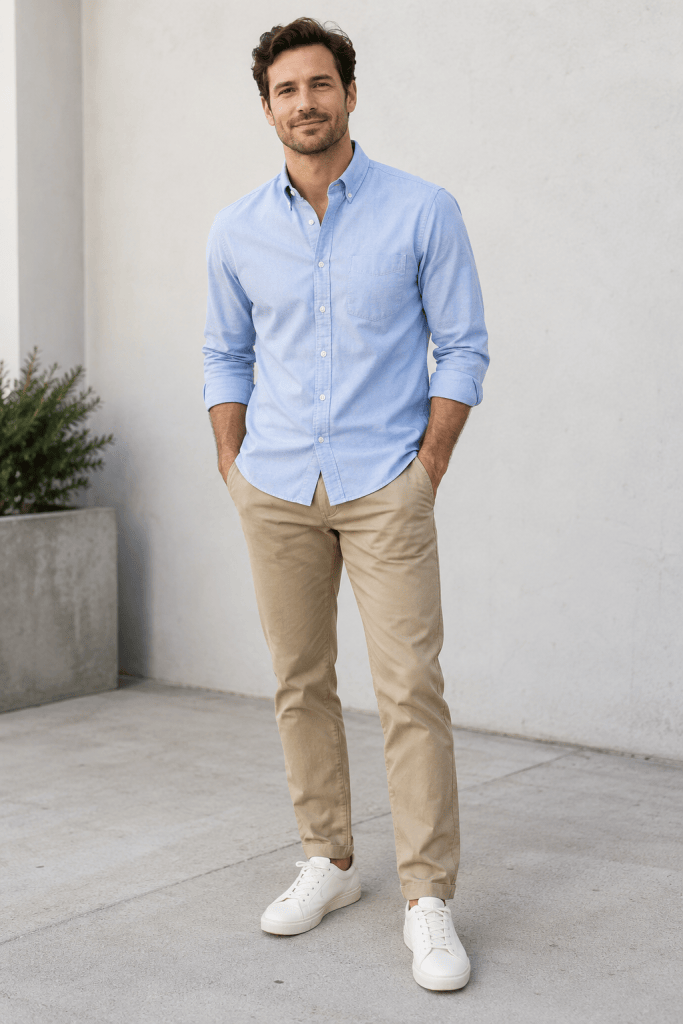 Man wearing khaki chinos, a light blue Oxford shirt and white sneakers for fall