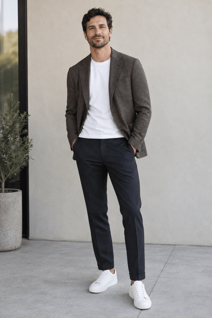 Man wearing trousers, a white T-shirt, an unstructured blazer and white sneakers for fall