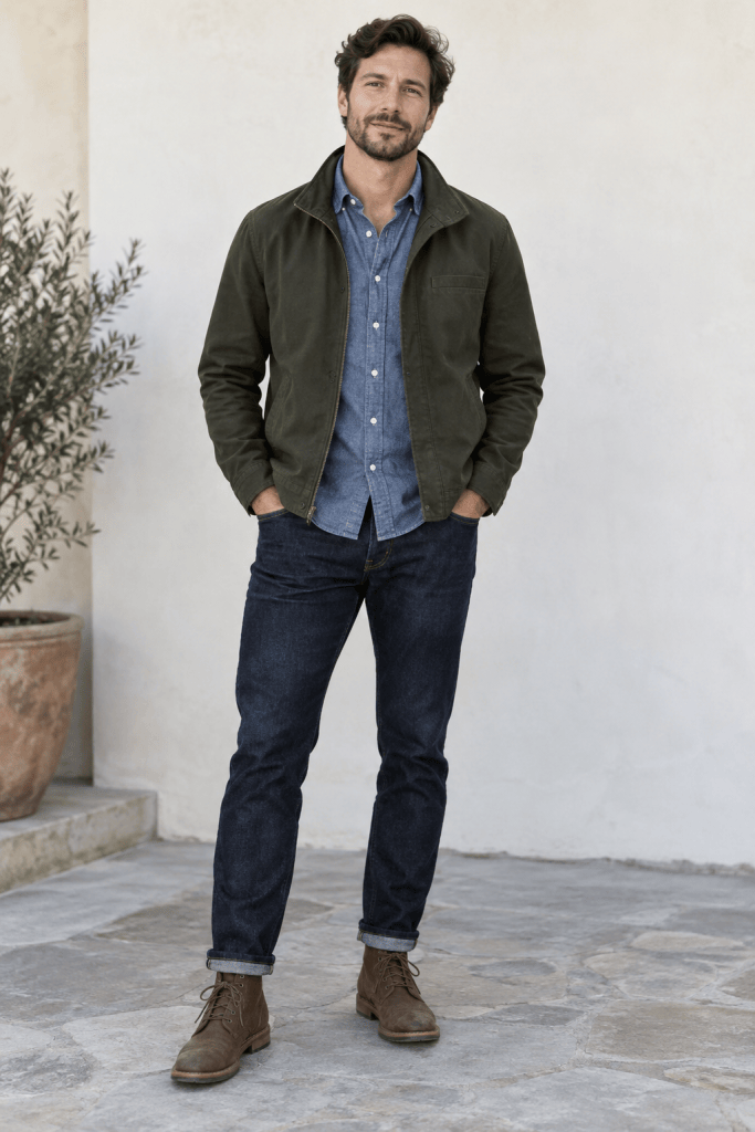Man wearing dark jeans, a button-down shirt, a lightweight jacket and brown boots for fall