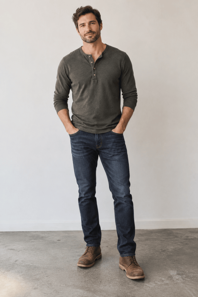 Man wearing dark jeans, an olive henley shirt and brown casual boots for fall