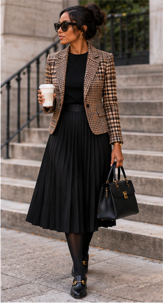 Classic print styled with simple modern fall pieces